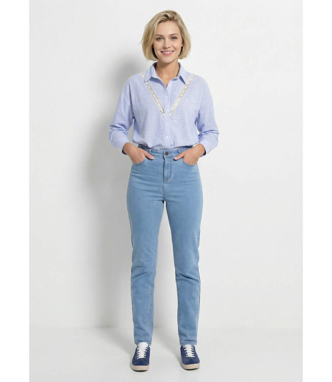 Chemisier rayé long boutonné avec dentelle-3