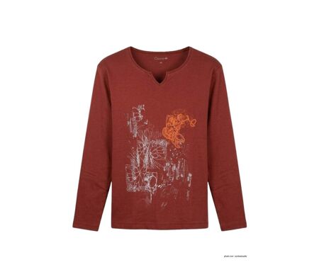 AXONE CHALON2B - Tee-shirt bordeaux manches longues col V avec imprimé devant et bas fendu