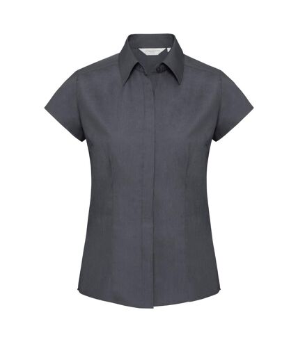 Russell Collection Ladies Cap Sleeve Polycotton Easy Care Fitted Poplin Shirt (Convoy Gray)