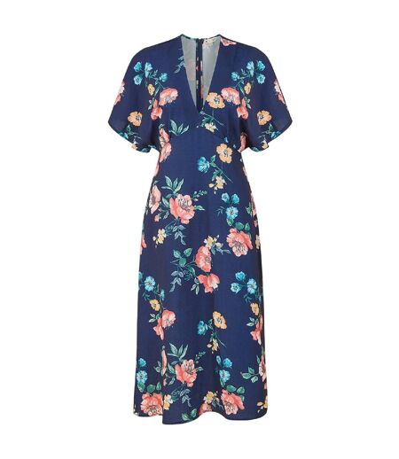Robe Portefeuille Manches Style Kimono Motif/style Floral Femme Bleu Marine Yumi
