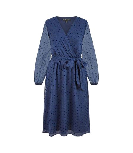 Womens/ladies Dobby Spotted Wrap Dress Navy Mela London