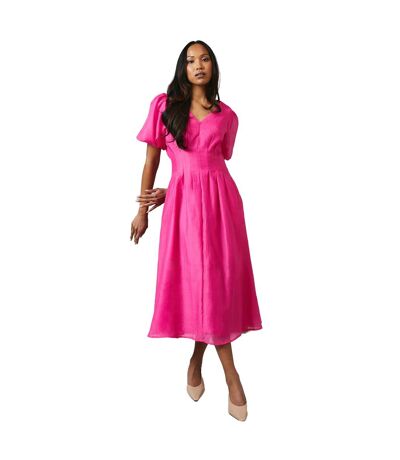 Womens/ladies pleated puff sleeve midi dress cerise Principles