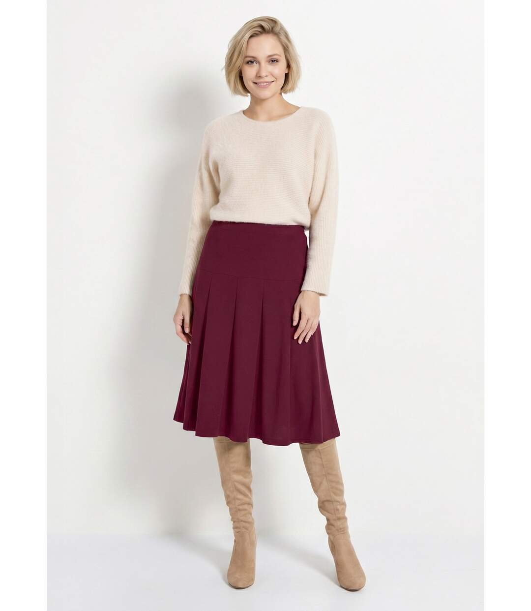 Jupe évasée mi longue unie taille élastiquée-3