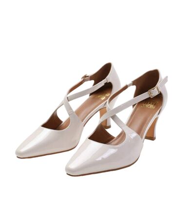 Womens/ladies colorado patent leather crossover strap medium block heel sandals cream Where´s That From