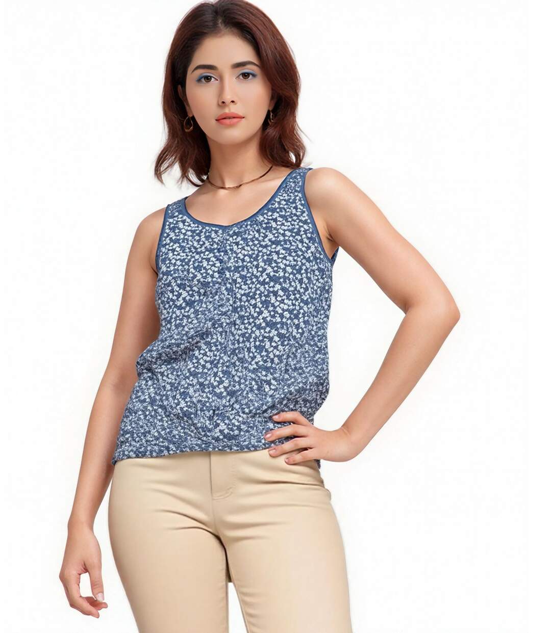 Débardeur Ample Femme Ã  Bretelles Larges - Motif Floral en Bleu Jean-1