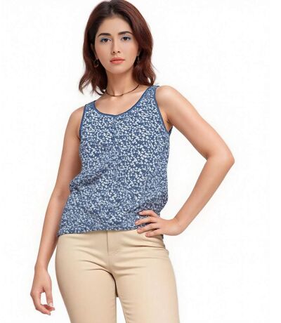 Débardeur Ample Femme Ã  Bretelles Larges - Motif Floral en Bleu Jean