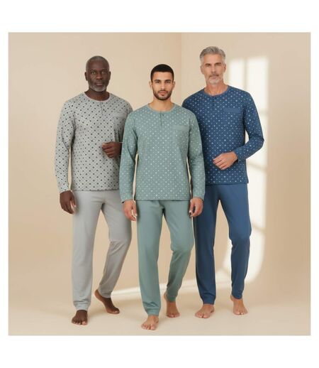 OZABI Ensemble Pyjama Homme Long Pack de 3, Haut Imprimé Col Boutonné