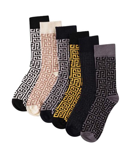 Pack Of 6  Mens Greek Key Cotton Socks  Multicoloured Soxy