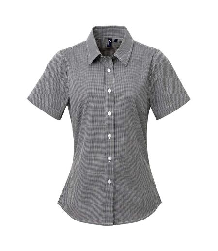Premier Womens/Ladies Microcheck Short Sleeve Cotton Shirt (Black/White)
