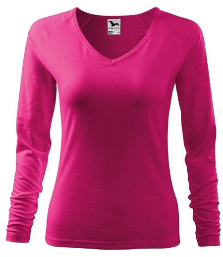 T-shirt col V - Extensible - Manches longues - Femme - MF127 - rose framboise