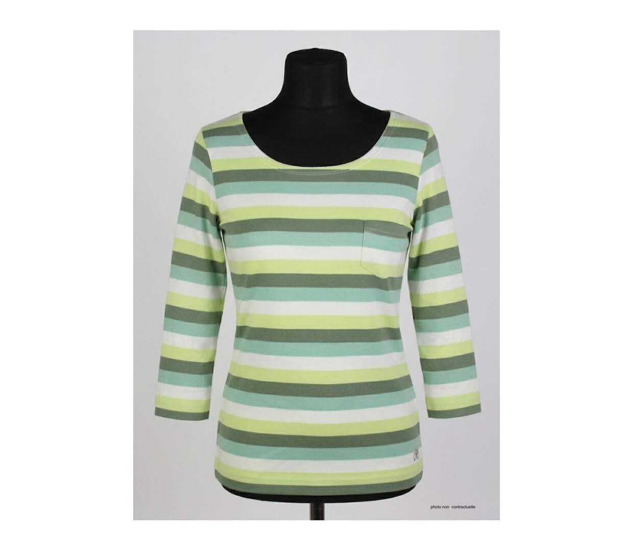 MAYFLOWER DIXIE2 - Tee-shirt manches 3/4 en coton rib : rayures blanc, aqua, kaki et vert-3