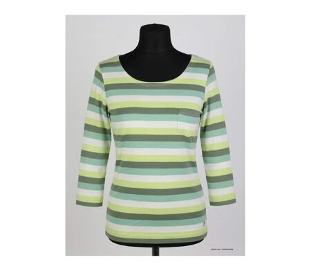MAYFLOWER DIXIE2 - Tee-shirt manches 3/4 en coton rib : rayures blanc, aqua, kaki et vert