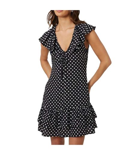 Womens/ladies Polka Dot Frill Detail Mini Dress Black Cream Brave Soul