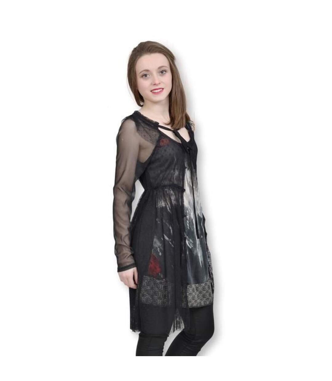 Robe femme imprimé manches en voile couleur noir-3