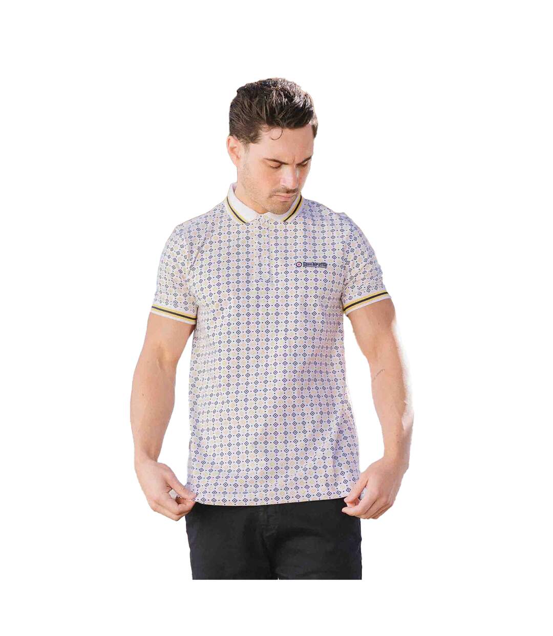 Polo Motif/style Géométrique Homme Blanc Bleu Marine Bleu Clair Lambretta-4