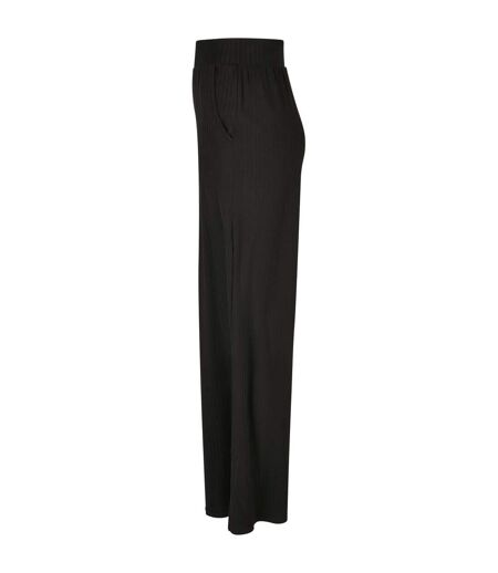 Womens/ladies Jersey Ribbed Wide Leg Trousers Black Urban Classics
