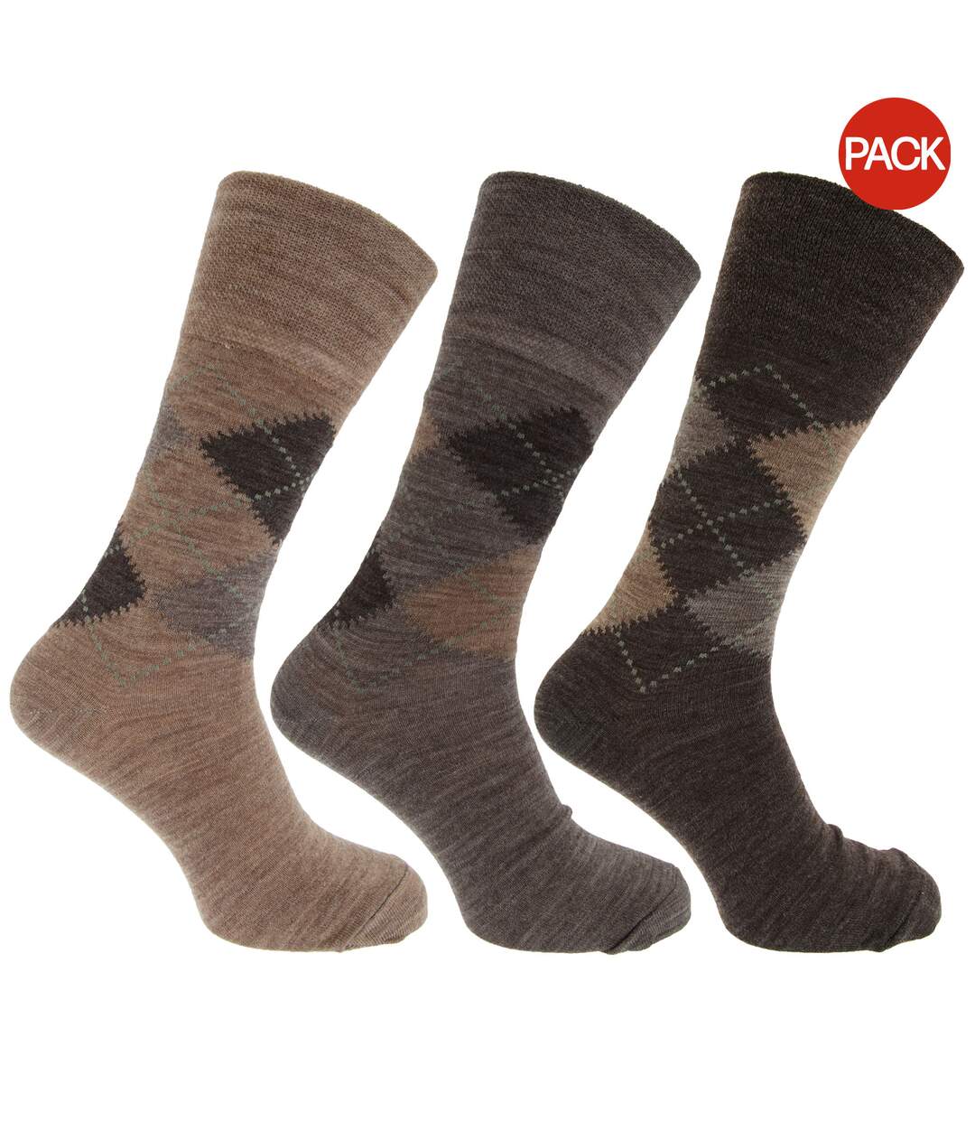 Mens Traditional Argyle Pattern Non Elastic Lambs Wool Blend Socks (Pack Of 3) (Shades of Brown) - UTMB276-1