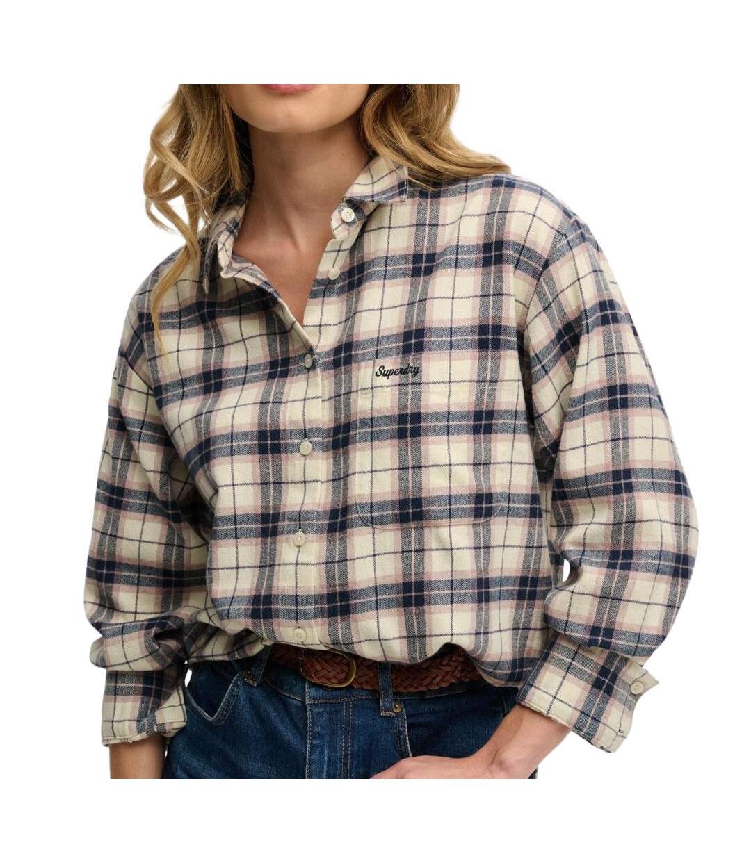 Chemise à carreaux écru/marine femme superdry check-1