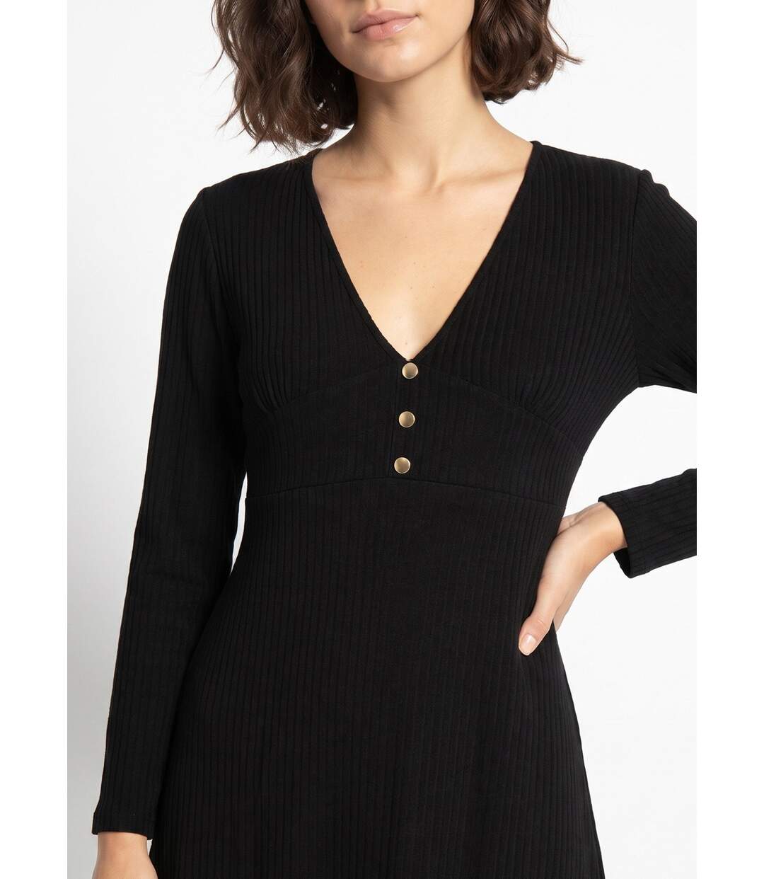 Robe unie courte col V en maille côtelée-3