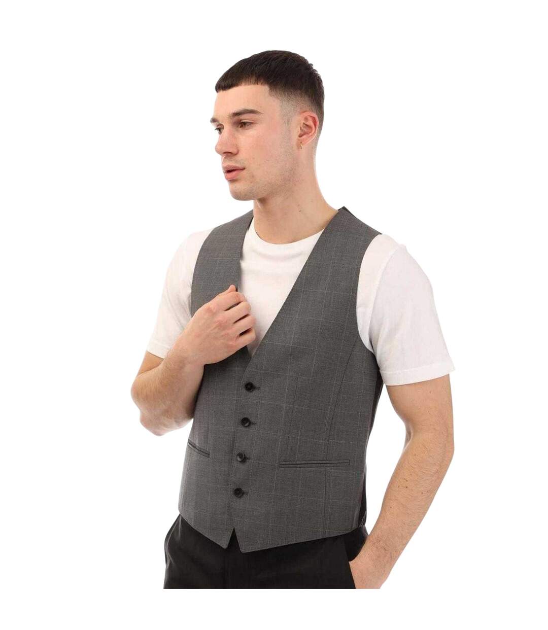 Mens Huge 6 Checked Virgin Wool Waistcoat Grey Boss-3