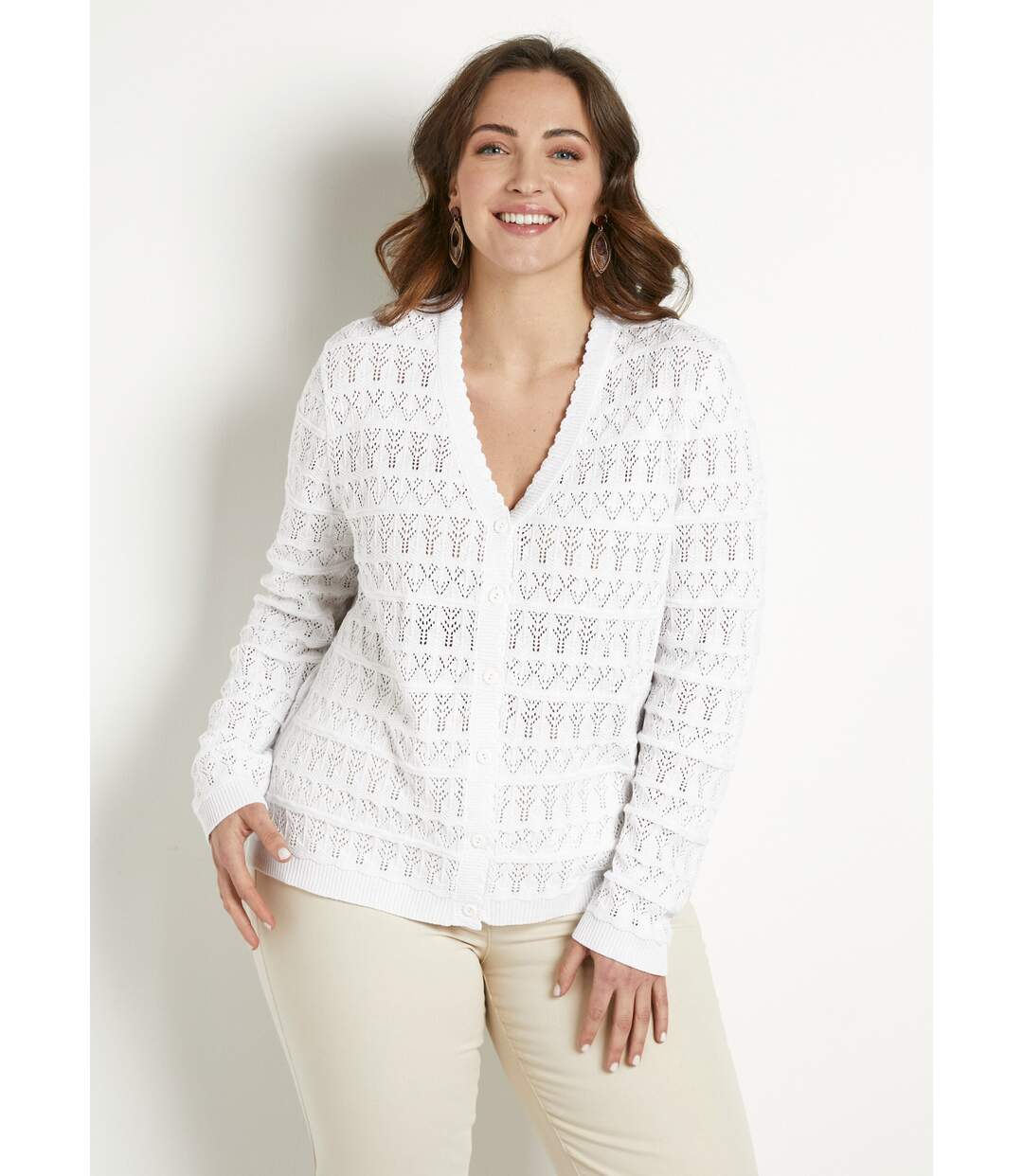 Gilet ajouré col V boutonné coton mélangé-1
