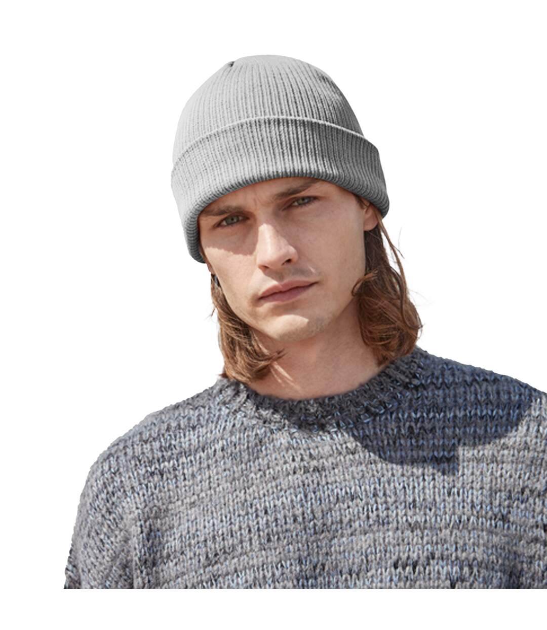 Unisex adult organic cotton fine knit beanie light grey Beechfield-3