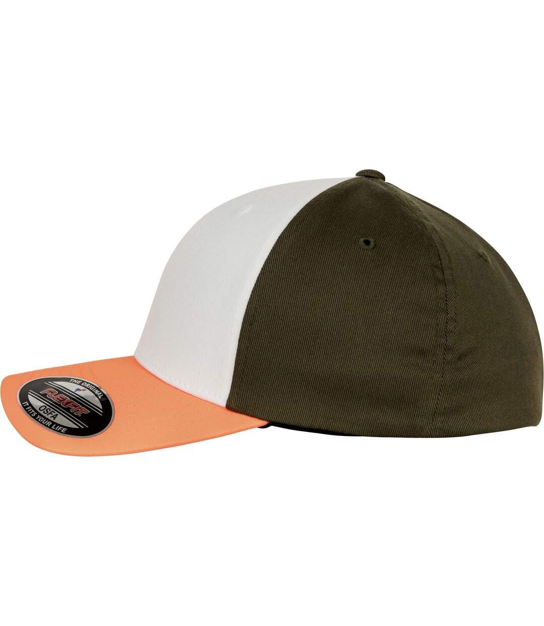 Casquette flexfit adulte orange néon / blanc / vert kaki foncé Yupoong