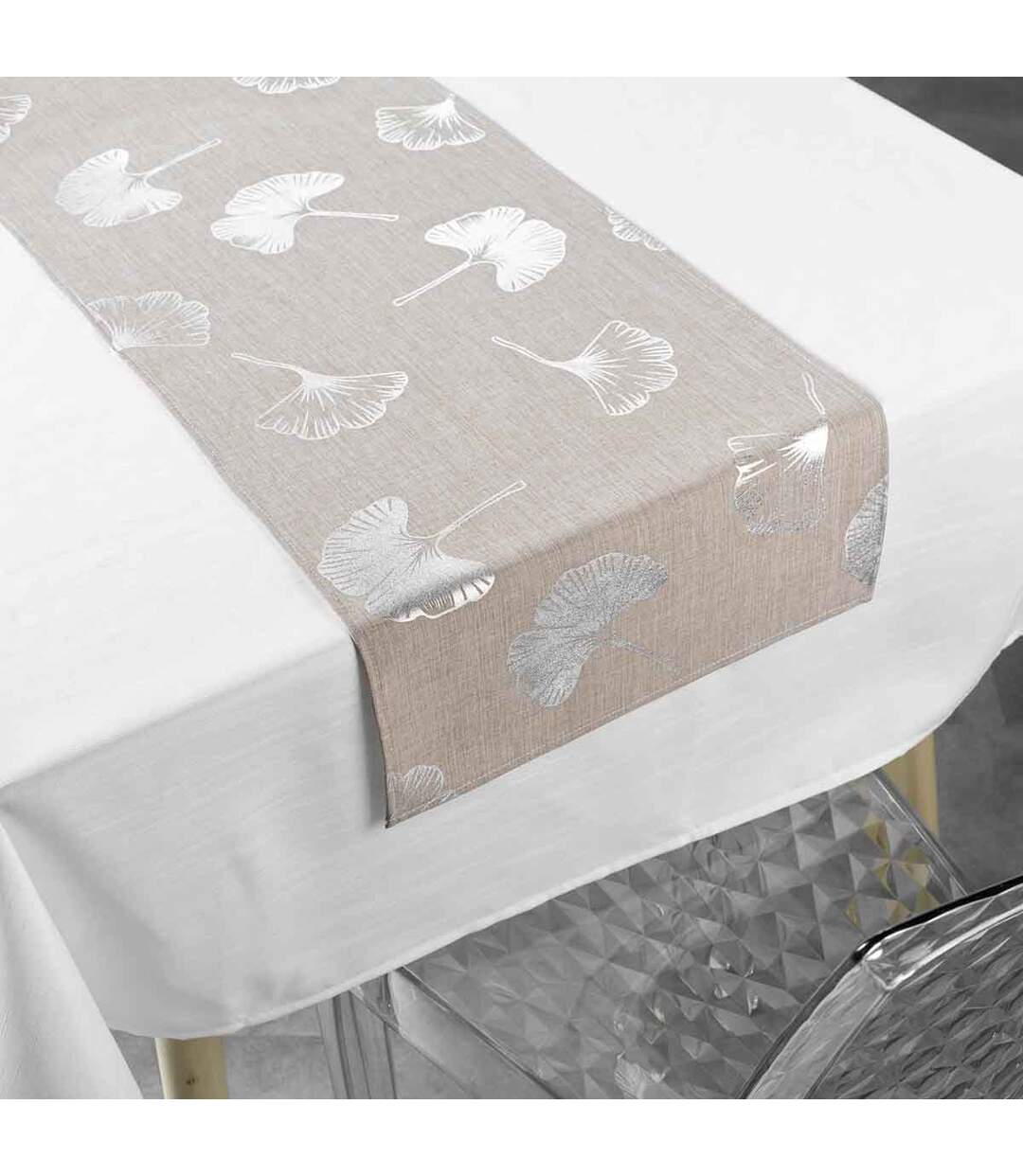 Nappe & Chemin de Table Euphoria 140x250cm Blanc & Noisette-1