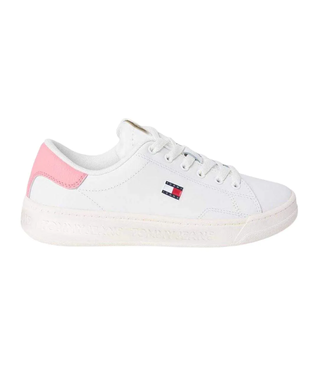 Womens/ladies Script Leather Trainers Ecru Pink Tommy Jeans-1