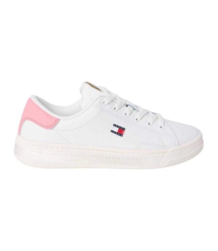Womens/ladies Script Leather Trainers Ecru Pink Tommy Jeans