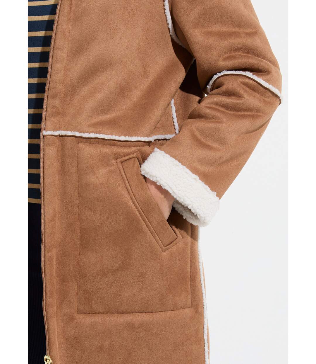 Manteau zippé à capuche effet peau lainée chaud-4