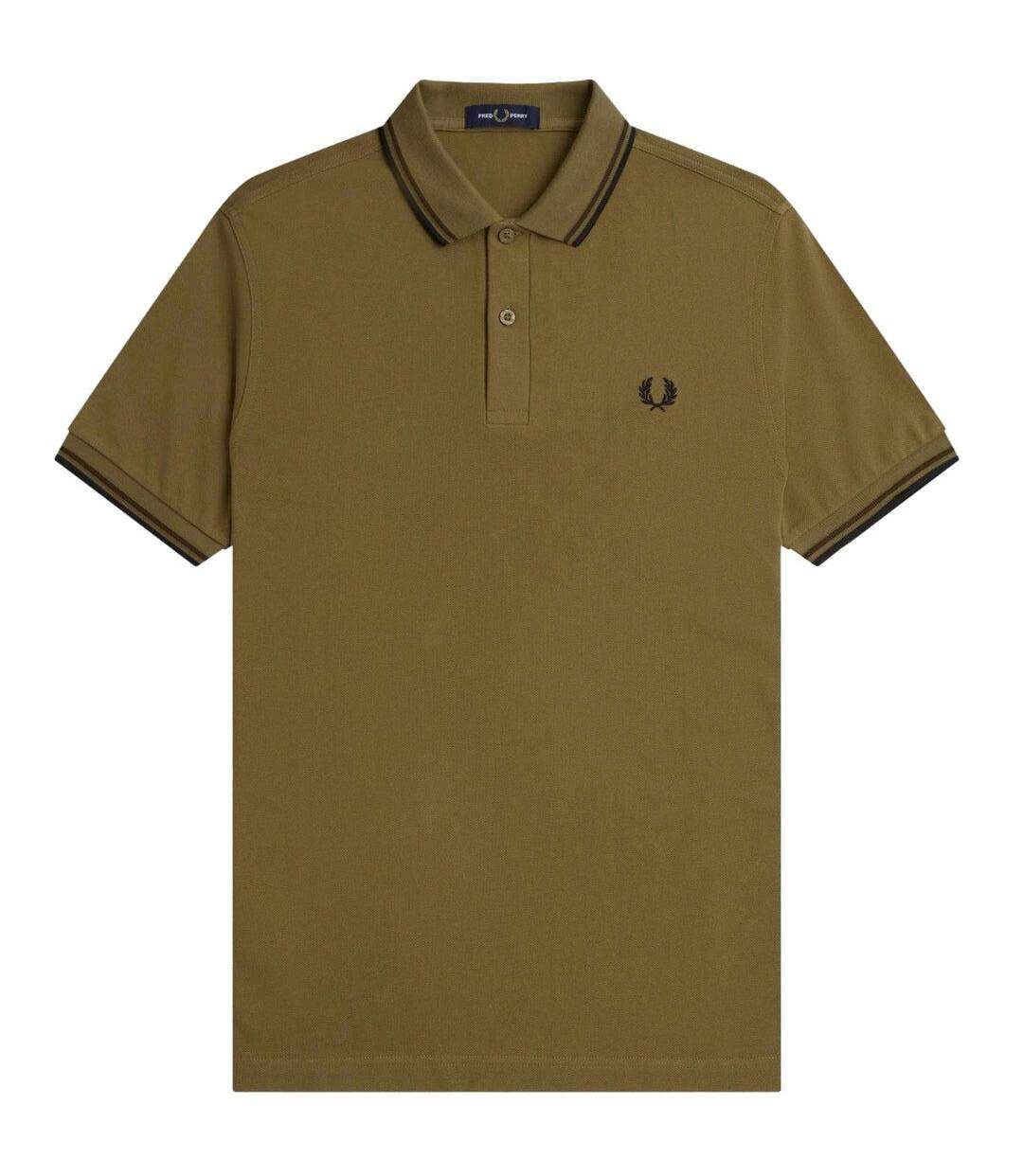 Polo Motif/style Col À Double Rayure Homme Noir Vert Kaki Fred Perry-1