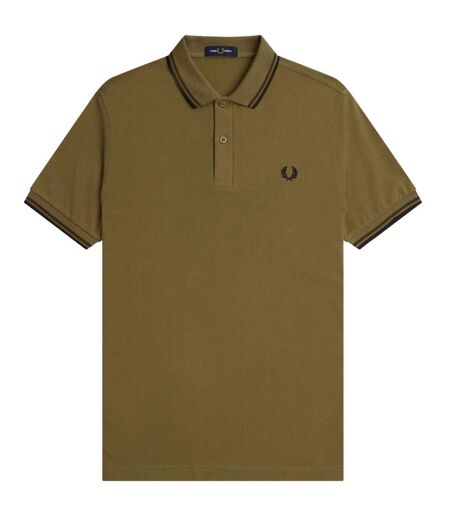 Polo Motif/style Col À Double Rayure Homme Noir Vert Kaki Fred Perry