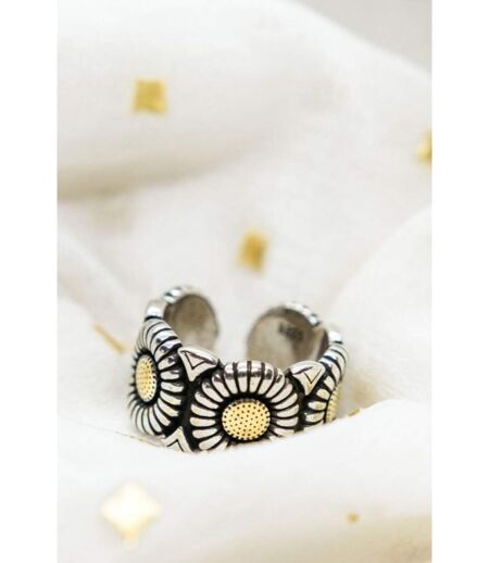 Silver Plated Vintage Sun Flower Daisy Wide Cuff Band Ring
