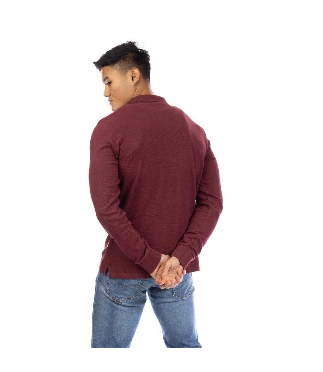Mens Embroidered Long-sleeved Polo Shirt Burgundy Peter Werth-3