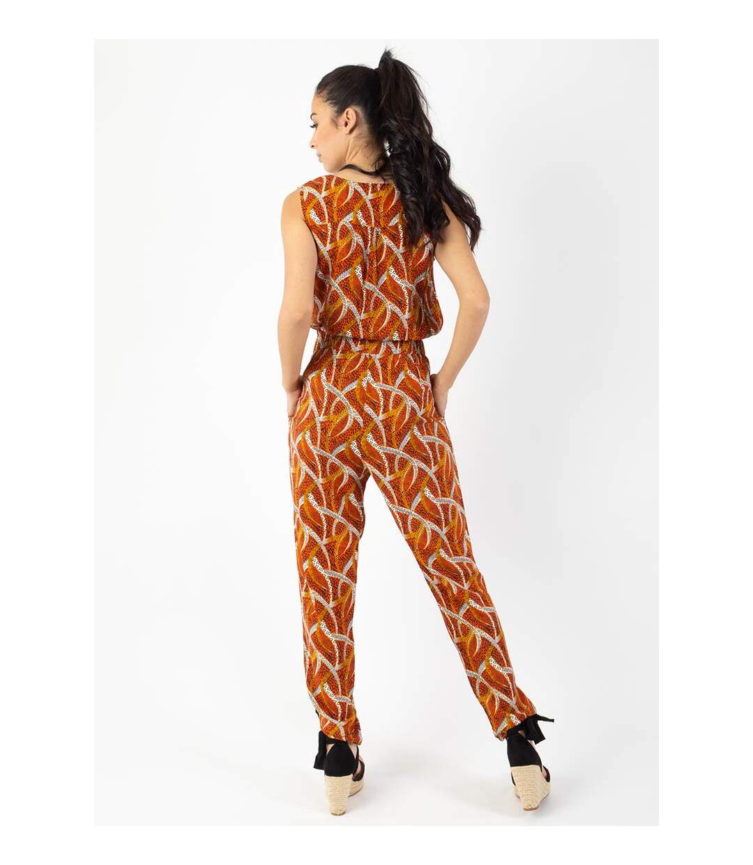 Combinaison pantalon sans manches SAMOA imprimé ethnique orange Coton Du Monde