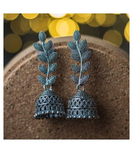 Small Bohemian Leaflet Indian Oxidised Boho Drop Dome Ethnic Jhumki Earrings