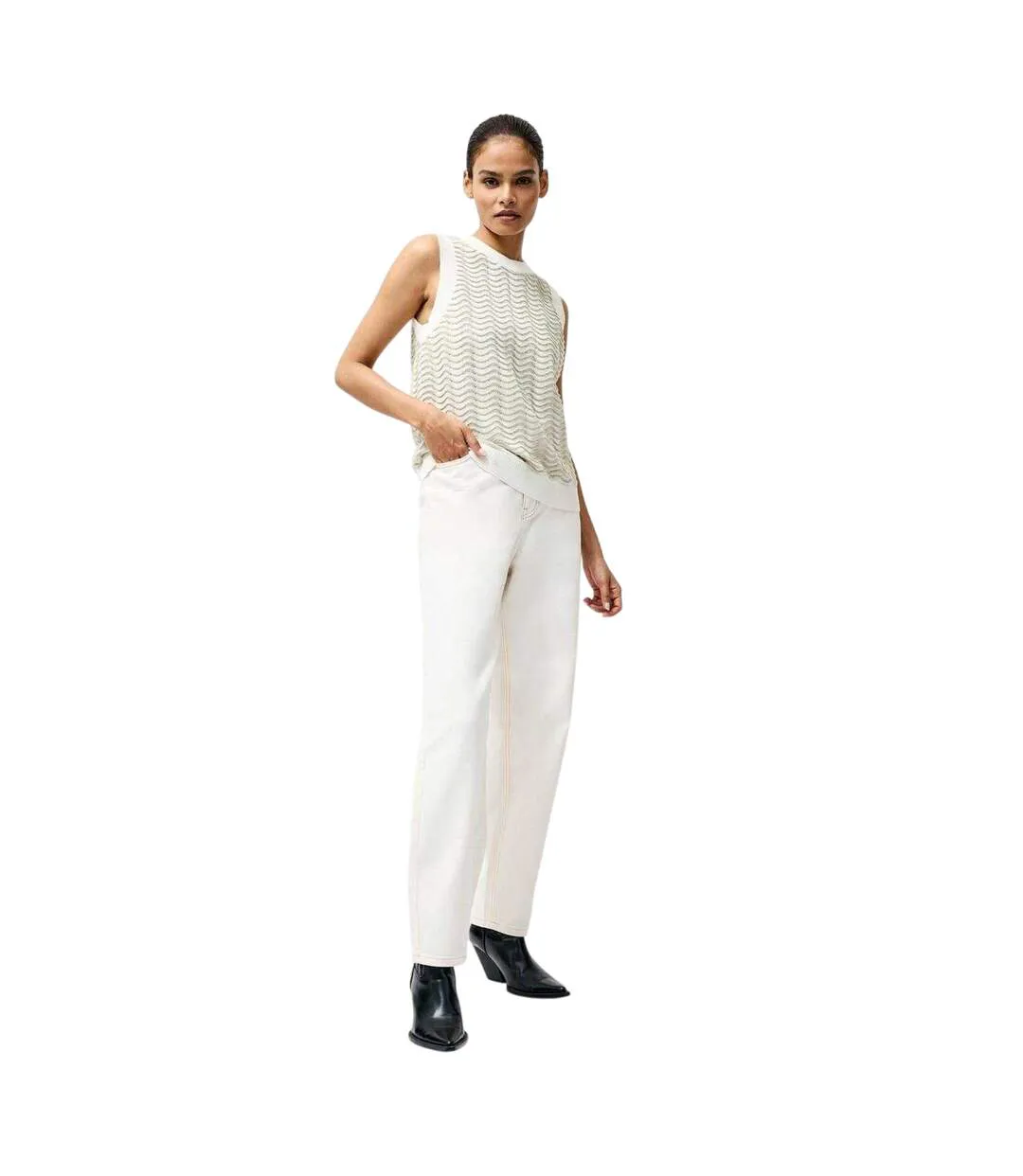 Womens/ladies Wave Pattern Knitted Relaxed Fit Sleeveless Vest Top Pistachio Cream French Connection-3