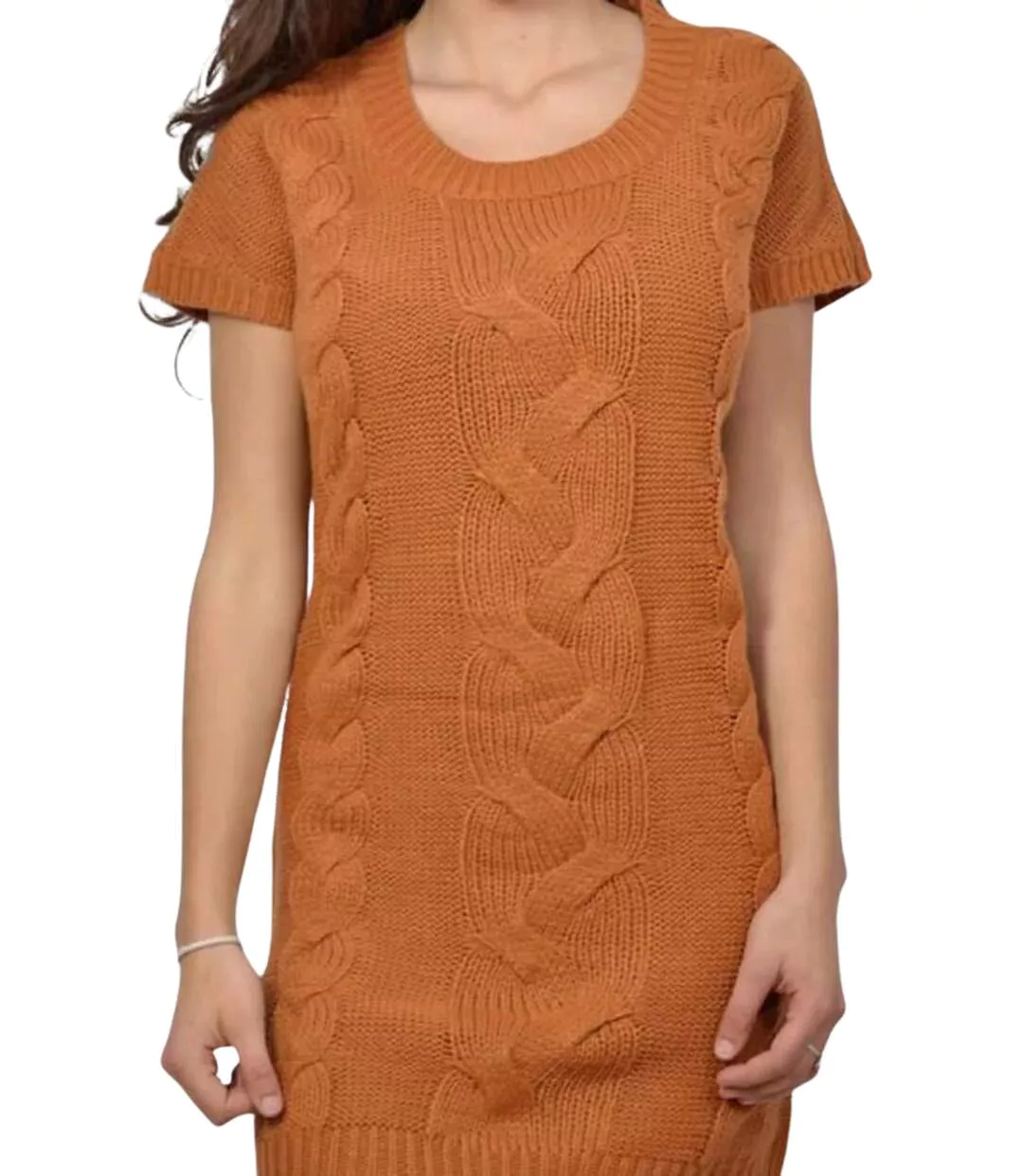 Robe  en tricot orange à  manches courtes, parfaite pour un look décontracté et chic-3