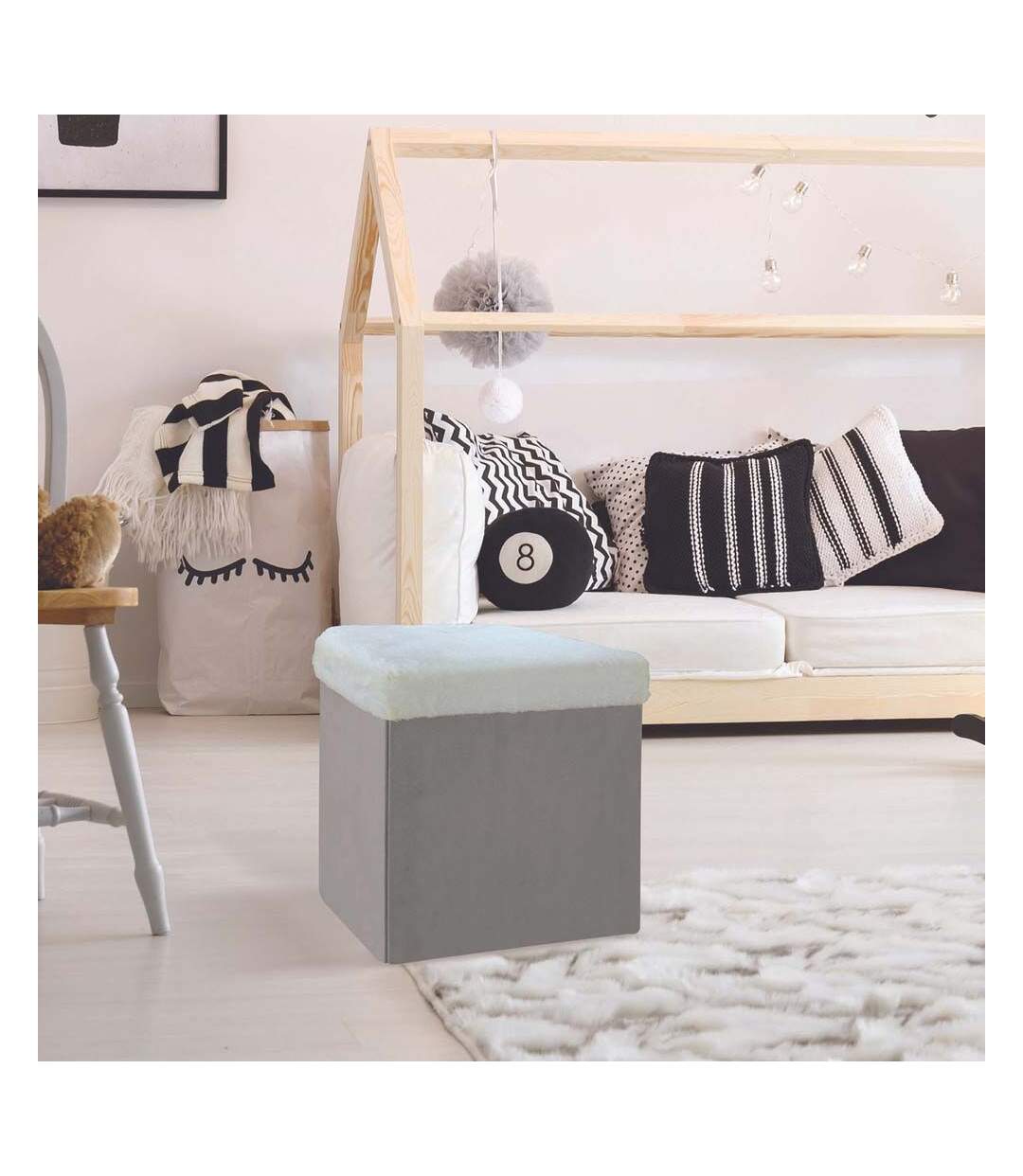 Pouf coffre de rangement bicolore imitation fourrure Léo Gris clair et blanc-2