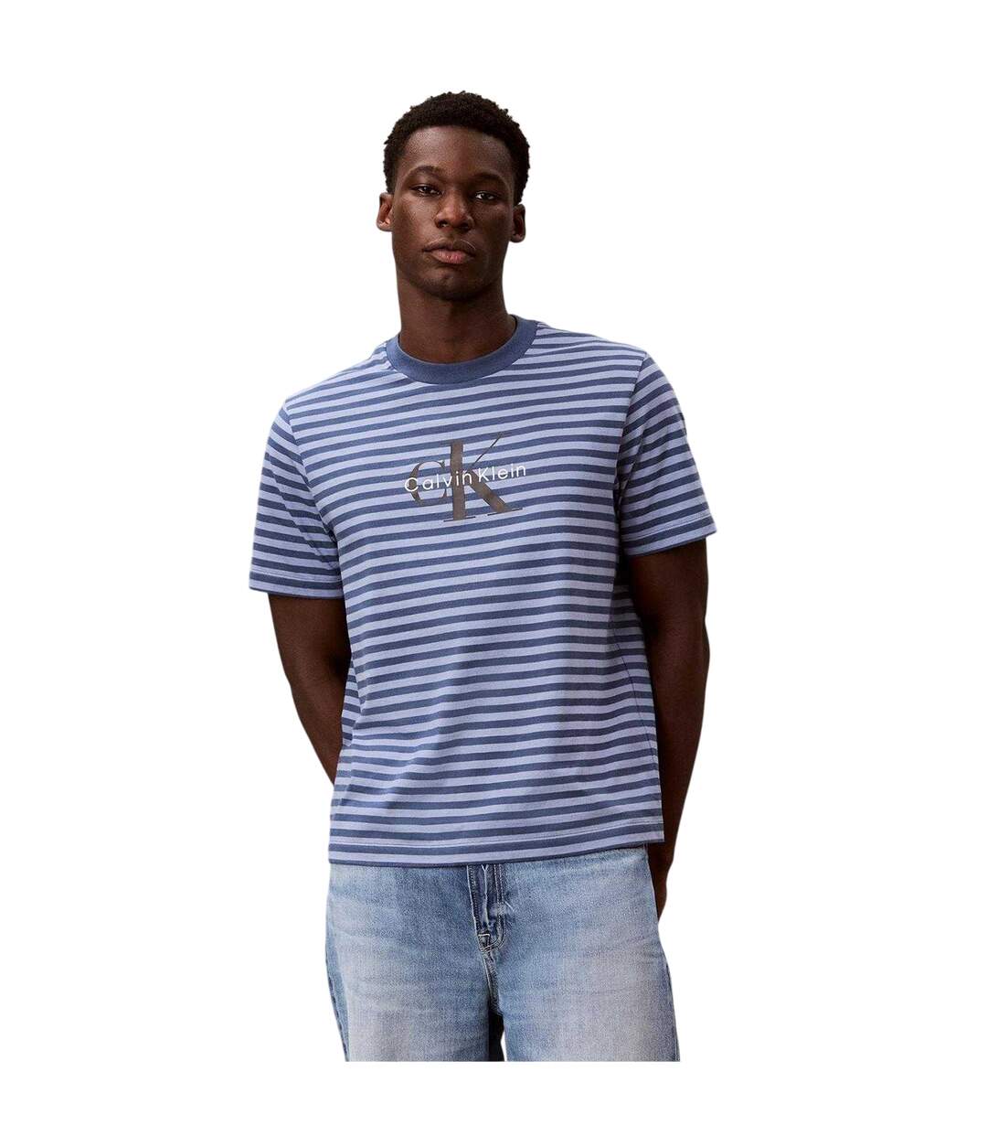 Mens Jeans Stripes Rib Knit T-shirt Dark Denim Calvin Klein-4