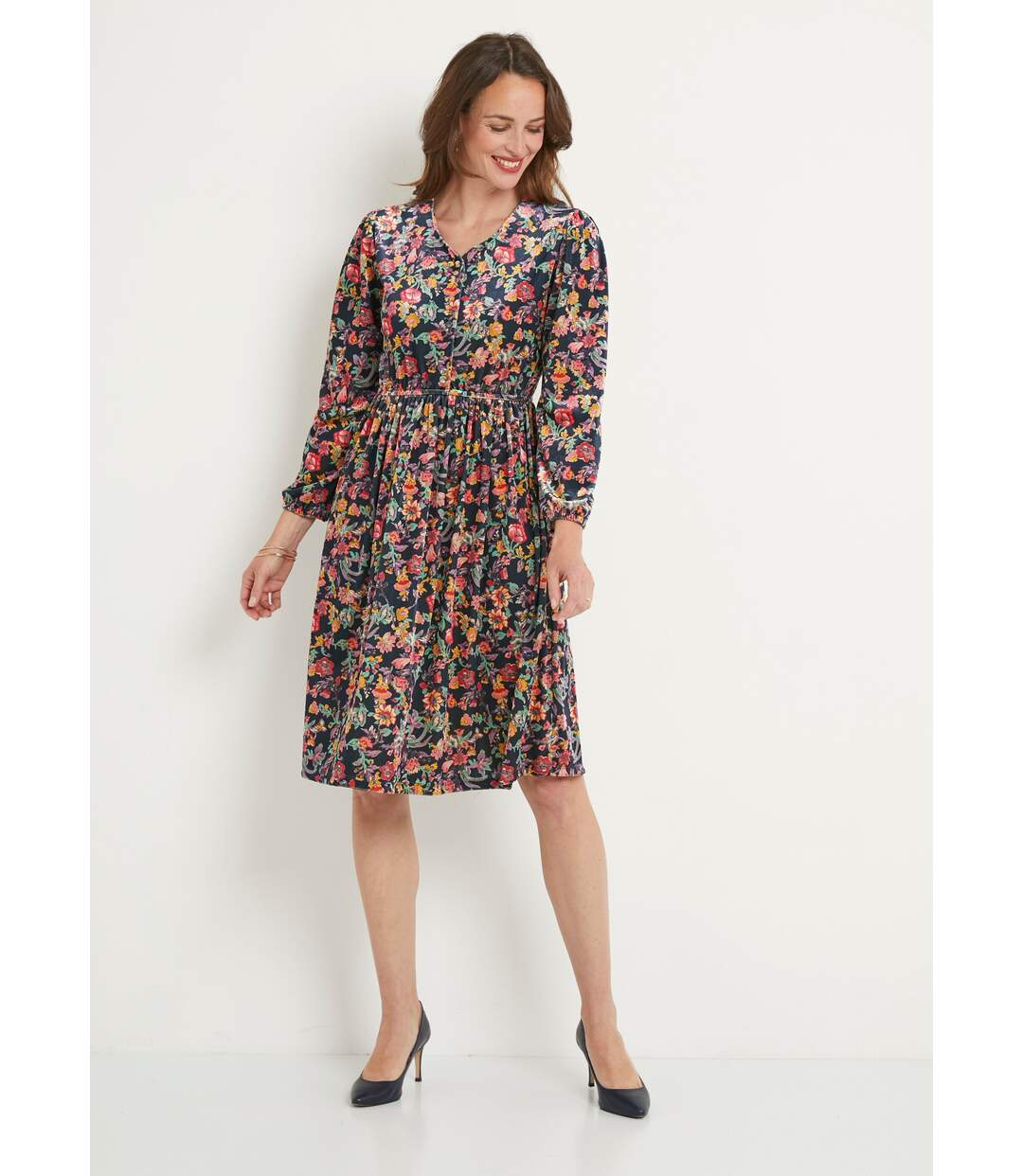 Robe courte velours ras fleuri col V évasée-1
