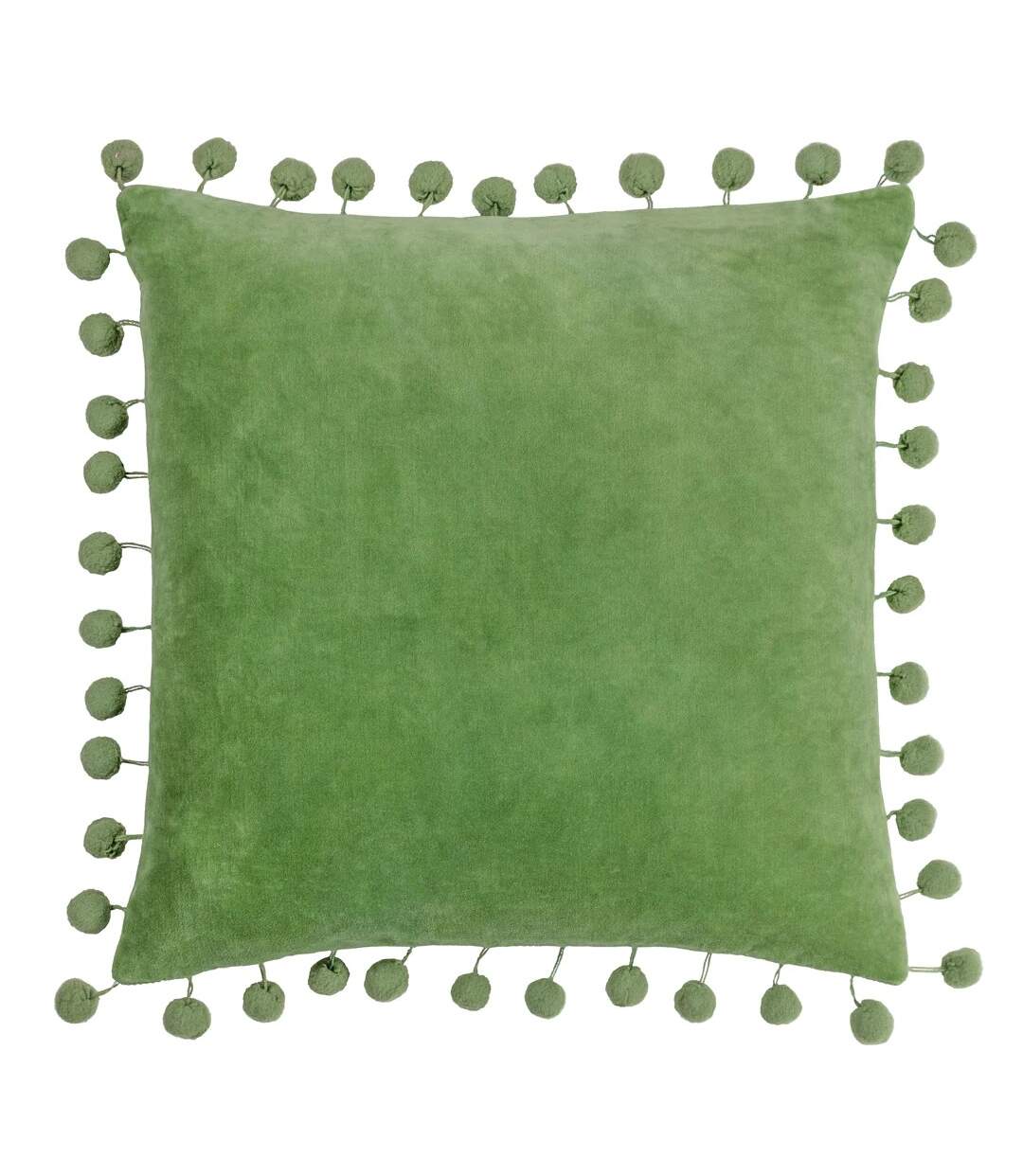 Dora pom pom velvet square cushion cover 45cm x 45cm leaf green Furn