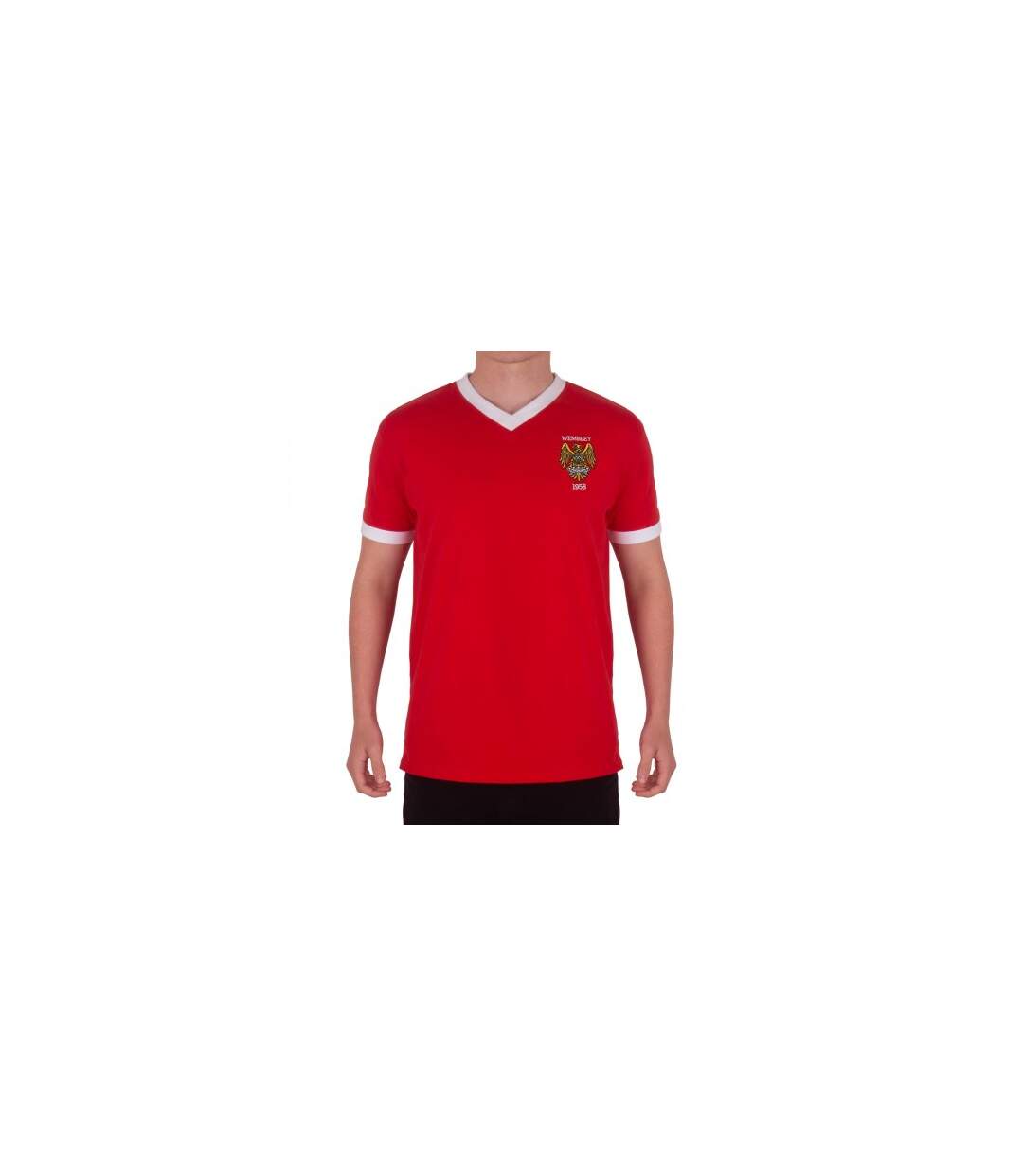 Mens United Wembley 1958 Crest Polyester V Neck T-shirt Red Fan Originals-1