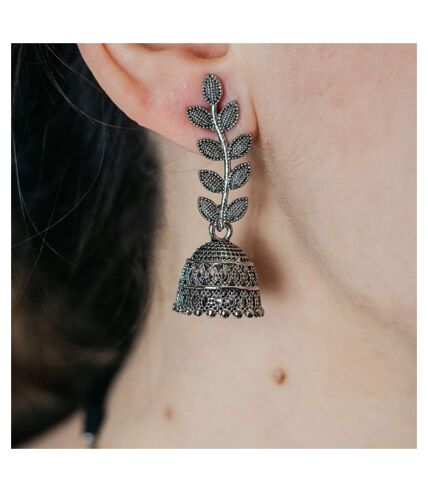 Small Bohemian Leaflet Indian Oxidised Boho Drop Dome Ethnic Jhumki Earrings