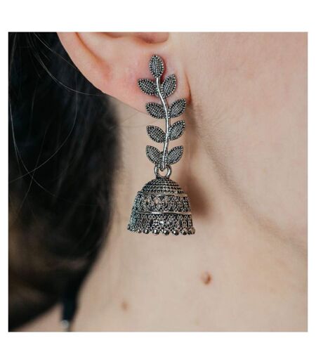 Small Bohemian Leaflet Indian Oxidised Boho Drop Dome Ethnic Jhumki Earrings