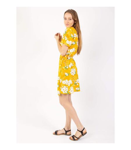 Robe courte cache cœur manches froncées LOUNA imprimé fleuri jaune Coton Du Monde