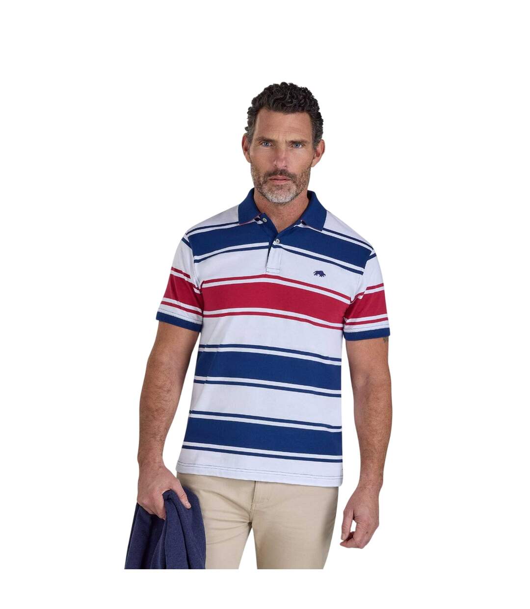 Polo Motif/style Rayures Larges Homme Bleu Marine Blanc Rouge Raging Bull-2