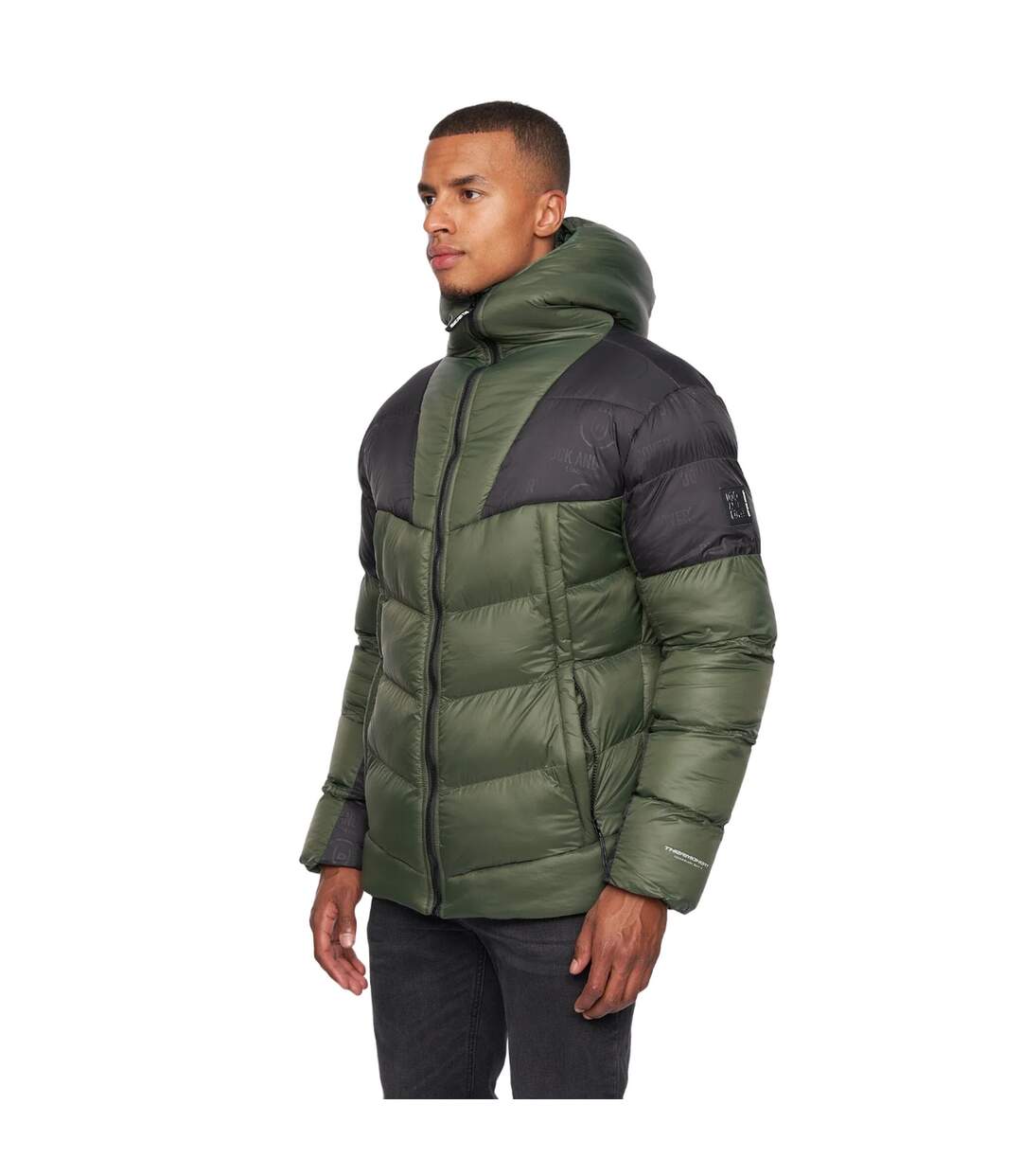 Mens raymax contrast panel padded jacket dark olive/black Duck and Cover