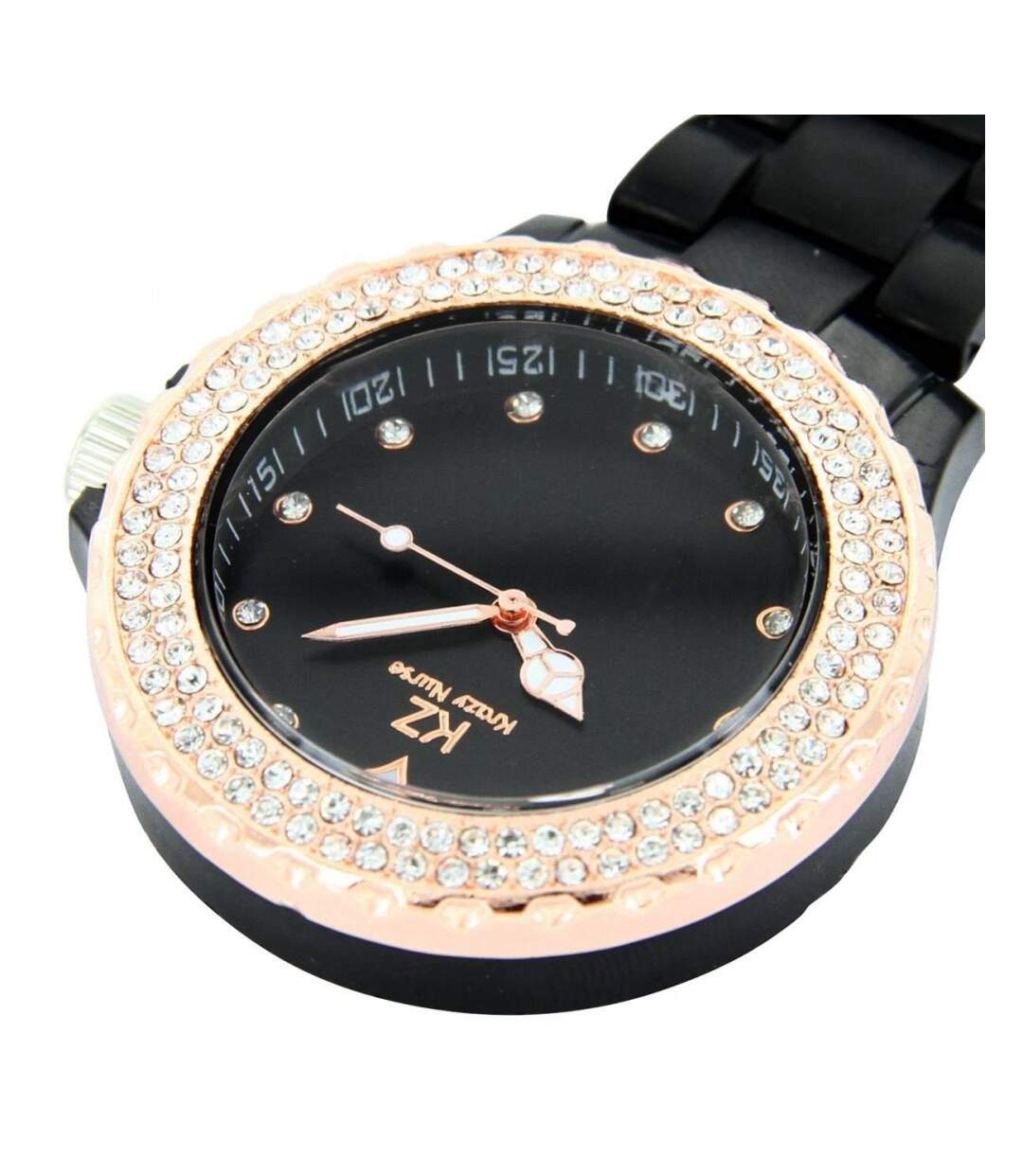 Jolie Montre Infirmière Plastique Noir Rosé Strass KRAZY 35